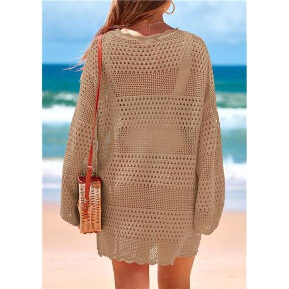 NEW -  Khaki Swimsuit Cover Ups Crochet‎ Knit Bathing Suit Swimwear - Picture 2 of 6